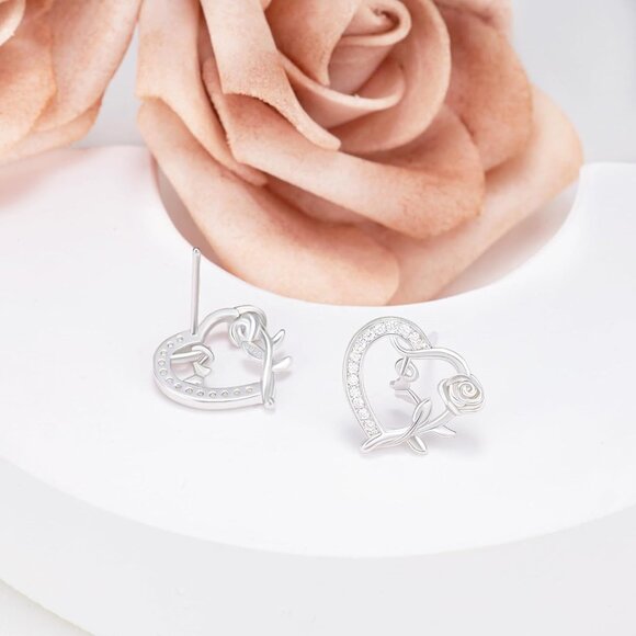 Sterling Silver Heart Stud Earrings with Cubic Zirconia, Rose Butterfly Design, - Picture 2 of 6